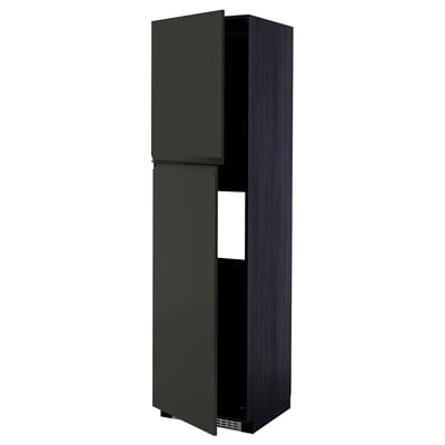 METOD black kitchen unit. Tall, dark cabinet with open top & bottom sections, smooth finish.