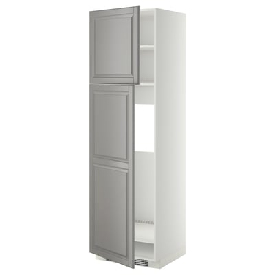 Open tall white cabinet with grey doors.