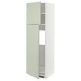 A tall, green METOD kitchen cabinet with two adjustable shelves, and the door is open.
