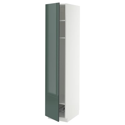 Modern kitchen cabinet, tall, green high-gloss, white frame, open door.