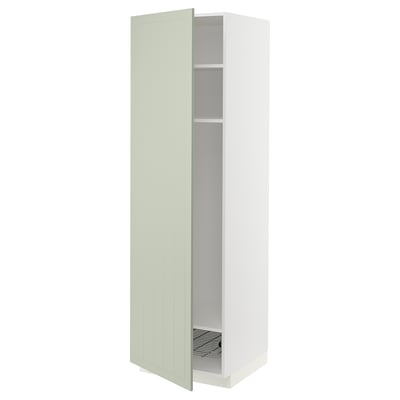 Green METOD kitchen cabinet, tall and narrow with open door.