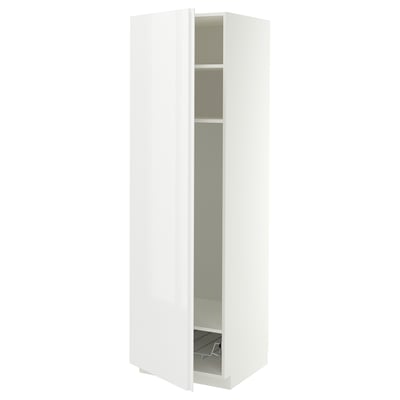 METOD High cabinet w shelves/wire basket, white/VOXTORP high-gloss white vertical handle, 60x60x200 cm