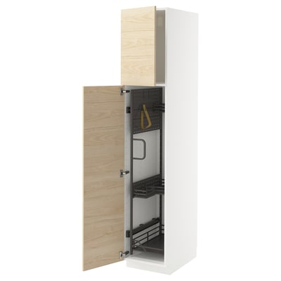 Modern white tall cabinet with light wood door open, revealing organized storage inside.