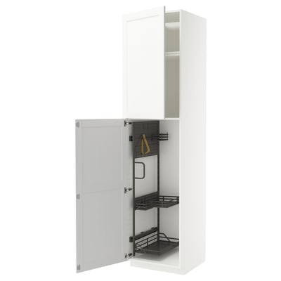 White METOD cabinet, modern design, storage shelves inside, metal organizers, tall and thin.