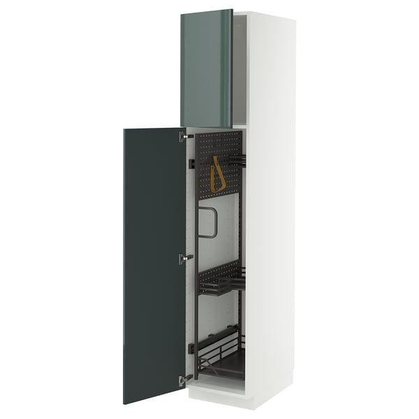 Open white METOD cabinet with dark green doors featuring organized interior.