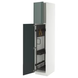 Open white METOD cabinet with dark green doors featuring organized interior.