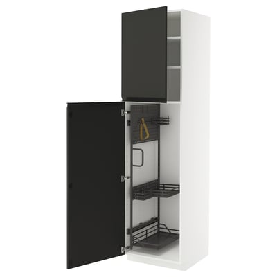 Black and white tall kitchen cabinet with open door showing shelves.