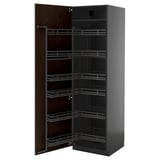 Dark brown kitchen cabinet, with sliding shelves, wooden edges, metal handles, three shelves, tall, sleek design.