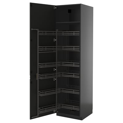 Open black kitchen cabinet with multiple shelves. Space-saving design by ikea.