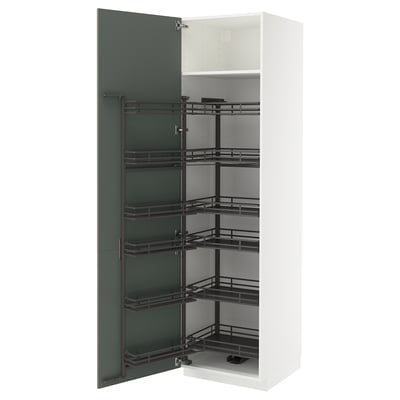 Modern white kitchen cabinet with gray-green door, multiple wire shelves.