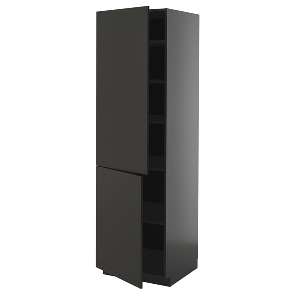 Modern black ikea METOD kitchen cabinet, tall with one door open.