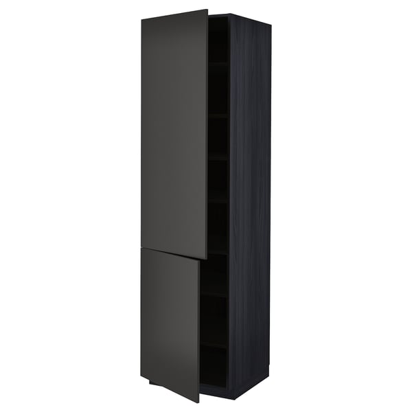 This image shows a modern, tall black cabinet from the METOD kitchen system with adjustable shelves and nickel-plated hinges.