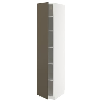 Slim, white METOD cabinet with dark brown door, featuring three shelves, minimalist design.