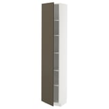 A tall, white cabinet with one dark brown door partially open, revealing adjustable shelves inside.