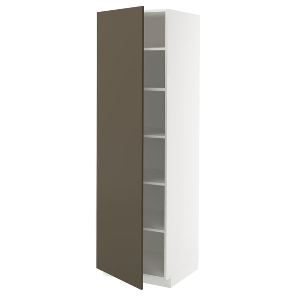 A white METOD high cabinet with a dark brown door and adjustable shelves. It a modern design with nickel-plated hinges.