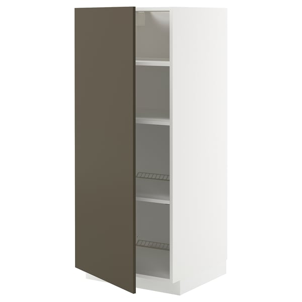 METOD kitchen cabinet, tall white with dark brown door, adjustable shelves, minimalist design.