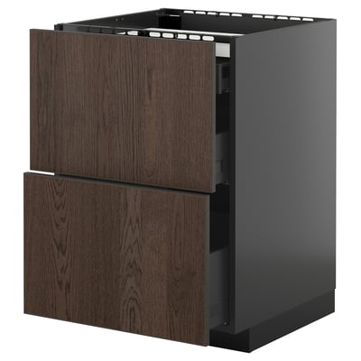 Modern kitchen unit: METOD with dark brown sinarp oak drawers, sleek design, two large drawers, black frame.