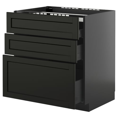 Dark wooden kitchen cabinet with three drawers and bevelled edges. Part of IKEAs METOD system, offering a traditional aesthetic.