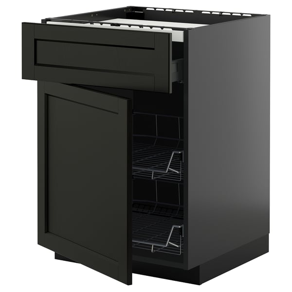 Modern dark grey kitchen cabinet with open drawer and shelves.