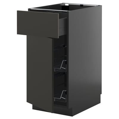 Black METOD kitchen cabinet with open storage drawer.