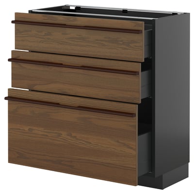 Wooden kitchen unit: dark brown, four drawers, grey base, modern and sleek.