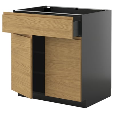 Modern kitchen unit: METOD with oak-wood finish & grey sides, shelves and drawers.