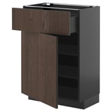 Dark brown kitchen cabinet with drawer, adjustable shelves, sleek design.