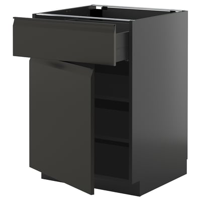 Modern black kitchen cabinet with drawer and shelves.