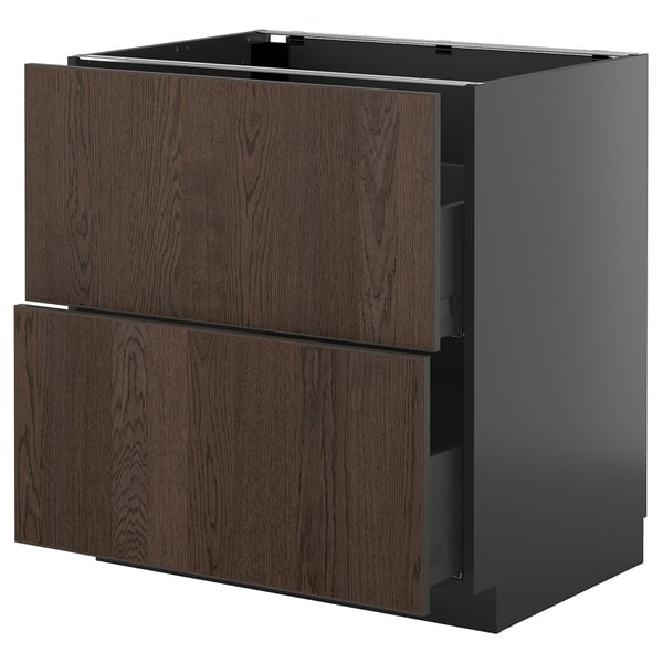 Modern kitchen unit: METOD. Dark brown sinarp drawers, black frame, wooden edges. Three drawers, two open.