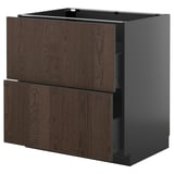 Modern kitchen unit: METOD. Dark brown sinarp drawers, black frame, wooden edges. Three drawers, two open.