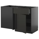 Image shows ikea METOD kitchen cabinet in black with a sleek, modern design. It a large drawer and adjustable shelf.