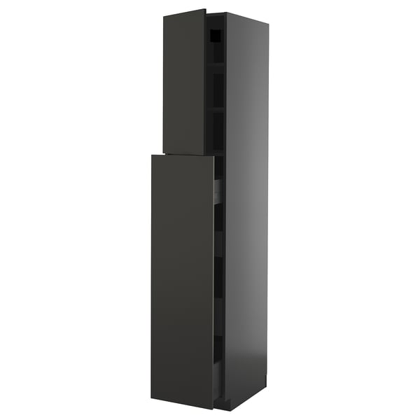 A dark grey METOD kitchen cabinet with sleek, modern design and multiple compartments.
