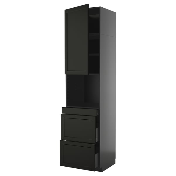 Black tall kitchen cabinet with two drawers and open shelves. Modern, sleek design with wooden construction.