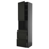 Black tall kitchen cabinet with two drawers and open shelves. Modern, sleek design with wooden construction.