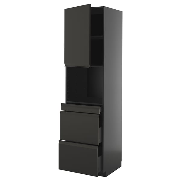 Modern black kitchen cabinet with 3 drawers and 2 shelves, sleek and minimalist design.