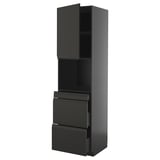 Modern black kitchen cabinet with 3 drawers and 2 shelves, sleek and minimalist design.