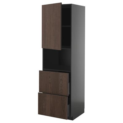 Dark brown kitchen cabinet with wooden drawers. Tall, rectangular shape with two drawers and an open shelf.