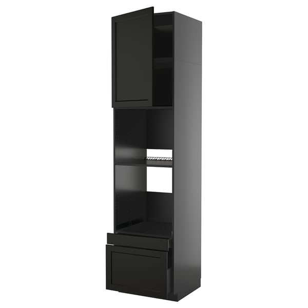 A tall, dark gray kitchen cabinet from the METOD system, featuring multiple shelves and a drawer with a modern, traditional design.