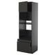 Modern black kitchen cabinet with shelves and drawers.