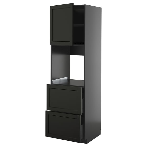 Black kitchen unit with drawers, cabinet, and adjustable shelf.