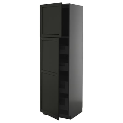 Dark gray METOD kitchen cabinet, tall, two doors, wood texture.