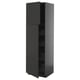 Black kitchen cabinet, modern, tall, two doors, one shelf visible, sleek design.