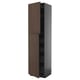 Tall dark brown wooden cabinet with black sides and shelves.
