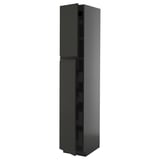 Modern black tall kitchen cabinet with sleek handles, glossy finish, and clean lines for contemporary decor.