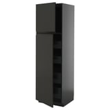 Modern black kitchen cabinet with shelves, minimalist handles.