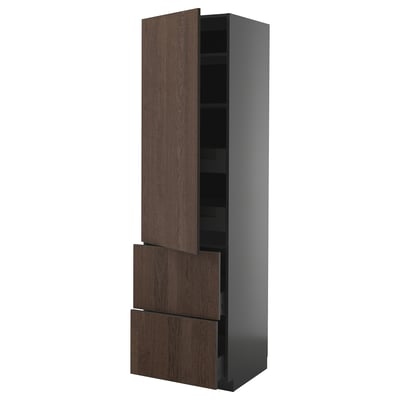 METOD kitchen unit, tall dark wood cabinet with three drawers, modern design.