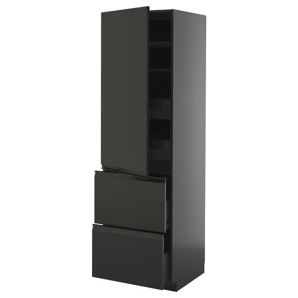 Black modern kitchen cabinet, tall with drawers, sleek matte finish, integrated handles, adjustable shelves.