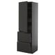 Black modern kitchen cabinet, tall with drawers, sleek matte finish, integrated handles, adjustable shelves.