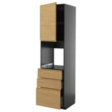 Modern black kitchen unit with oak drawers and cabinet for microwave.