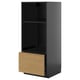 Black and oak kitchen cabinet, tall, sleek design with open shelf and single drawer.